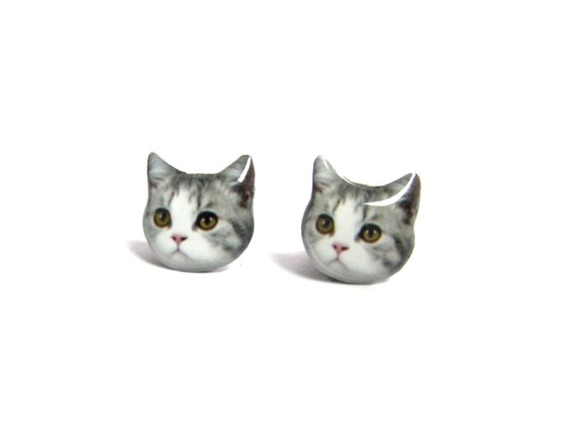 可爱灰白猫咪耳环 A025ER-C02 - 耳环/耳夹 - 塑料 灰色