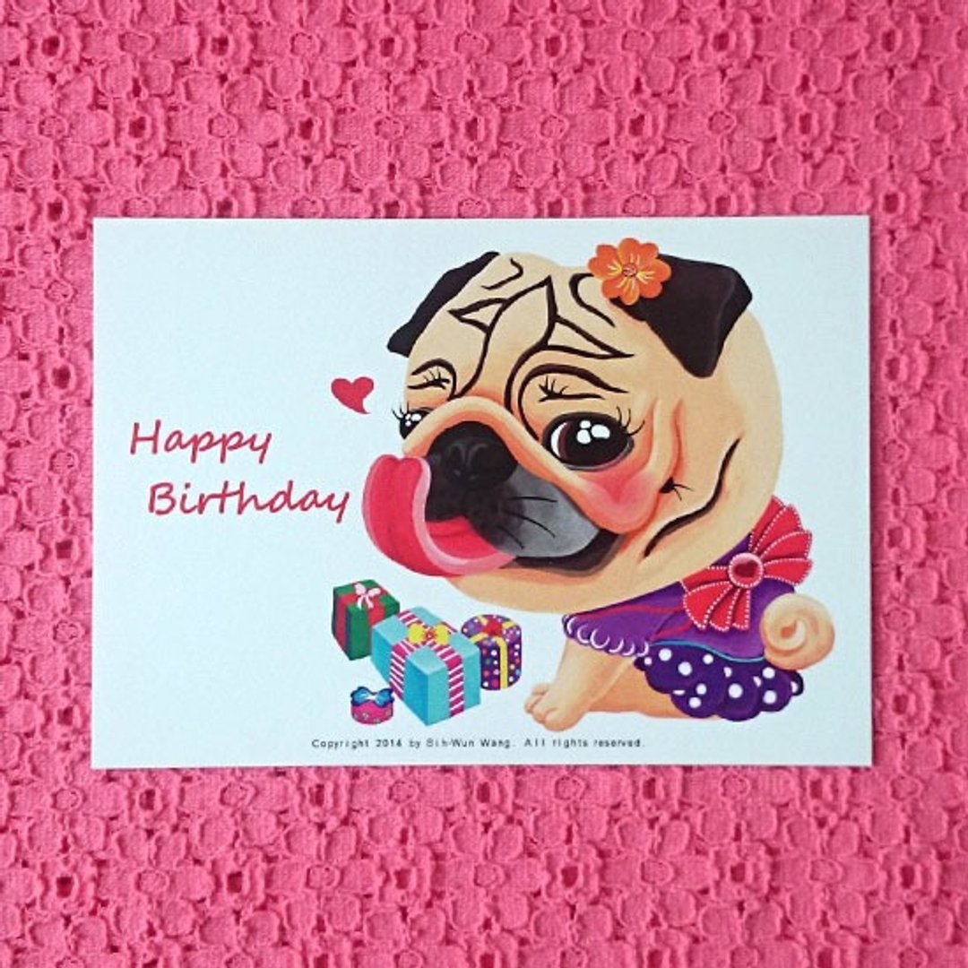 Happy Birthday 生日快乐 巴哥明信片-01 - 卡片/明信片 - 纸 白色