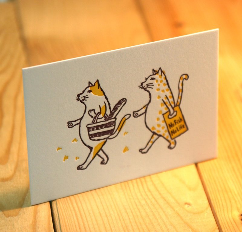 Letterpress greeting card cat shopping (yellow) 2 pieces set - 卡片/明信片 - 纸 