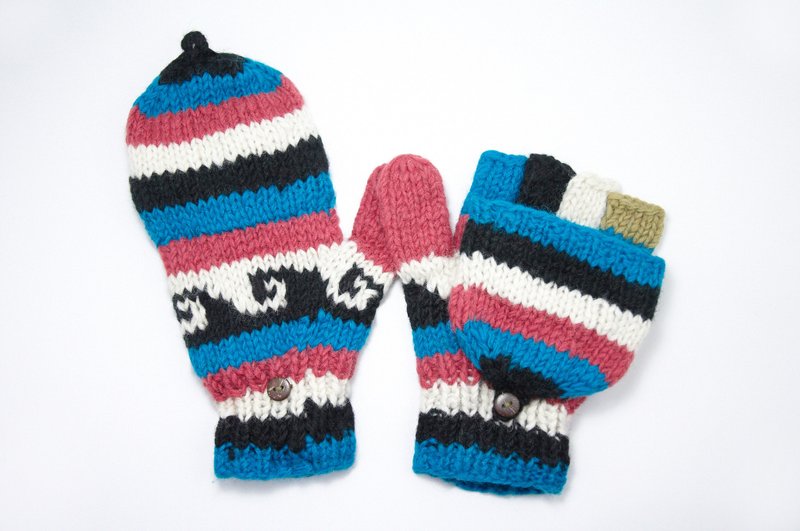 情人节 限量一件针织纯羊毛保暖手套 / 2ways手套 / 露趾手套 / 内刷毛手套 / 针织手套 - 混色拼接东欧民族图腾 - 手套 - 其他材质 多色