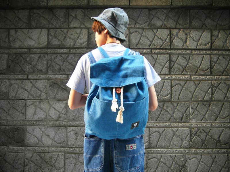 麻料翻盖后背包/束口包(深蓝色) - 束口袋双肩包 - 其他材质 蓝色