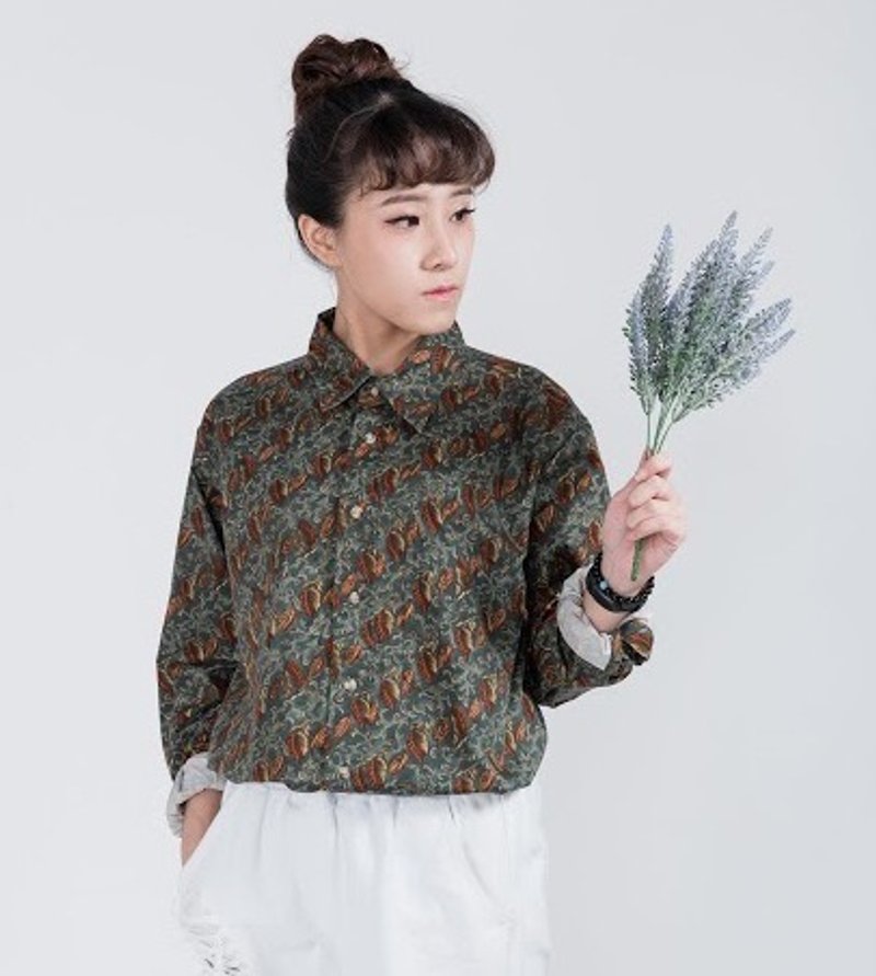古着衬衫_/ 绿叶 / 印花 / 棉料 / 长袖 / 衬衫 / 男女皆可 - 男装衬衫 - 其他材质 绿色