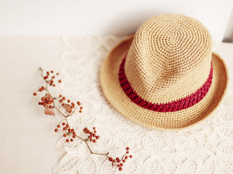 【好日手作】编织拚色绅士帽(红) - 帽子 - 其他材质 