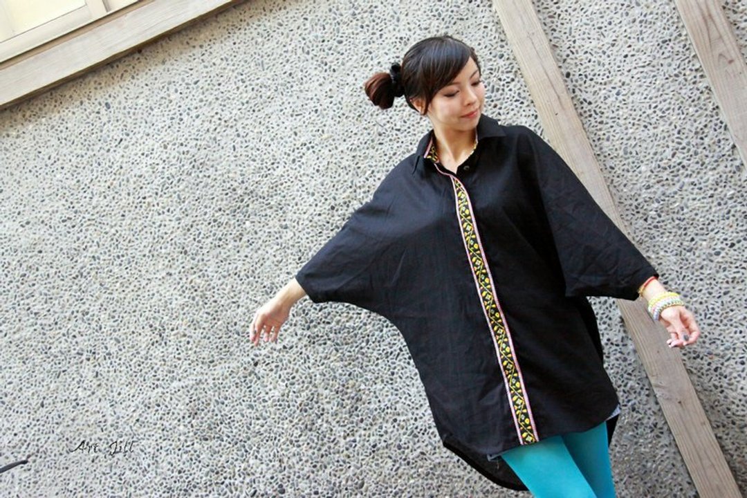 阿特姬儿-原住民飞鼠袖衬衫 - 女装衬衫 - 棉 黑色