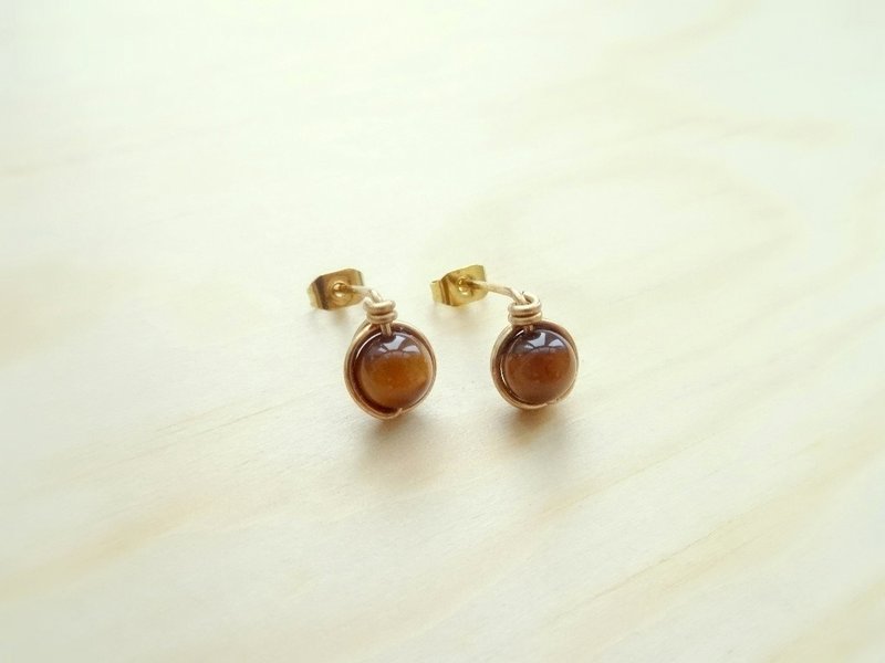 贴耳耳针 - 虎眼石小圆珠黄铜耳环。可改 Slip-On 耳夹 - 耳环/耳夹 - 宝石 咖啡色