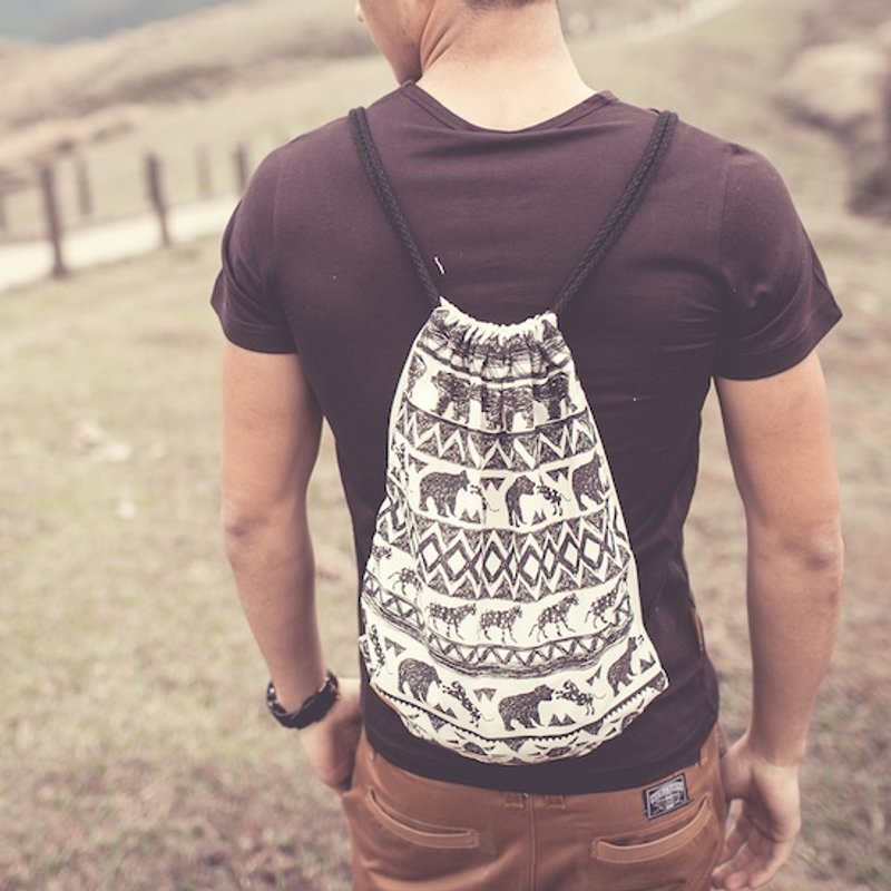 【图腾系列】熊与豹 棉布束口背包 - 束口袋双肩包 - 棉．麻 咖啡色