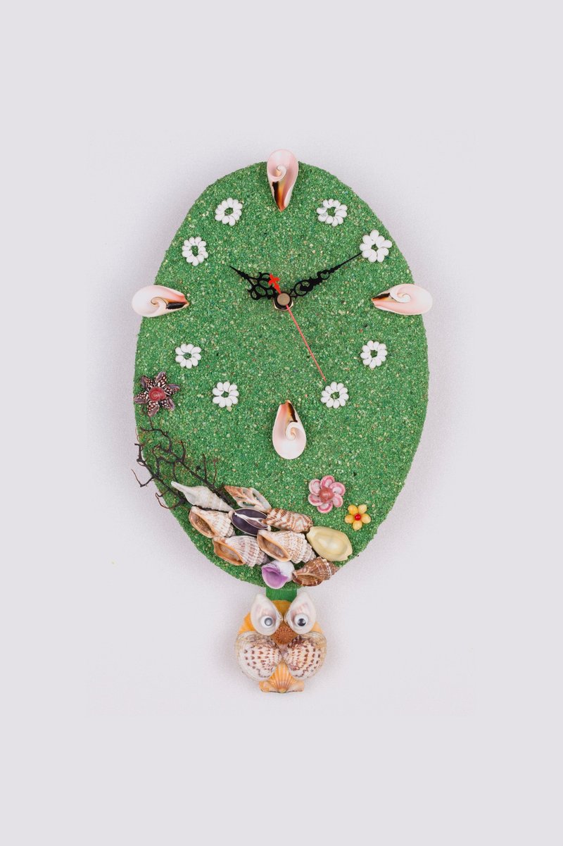 手作贝壳钟 - 绿色 / 猫头鹰摇摆 - 时钟/闹钟 - 木头 绿色