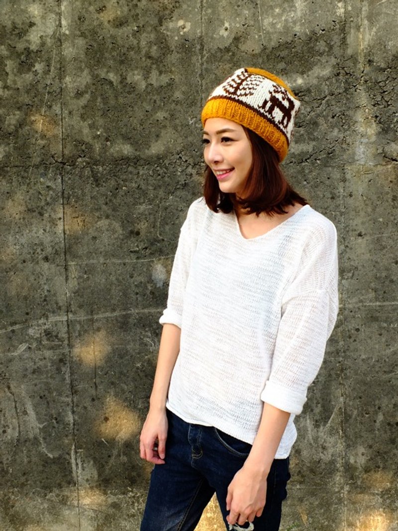 纯羊毛手编毛帽Hand-made in Nepal（糜鹿图腾） - 帽子 - 其他材质 橘色