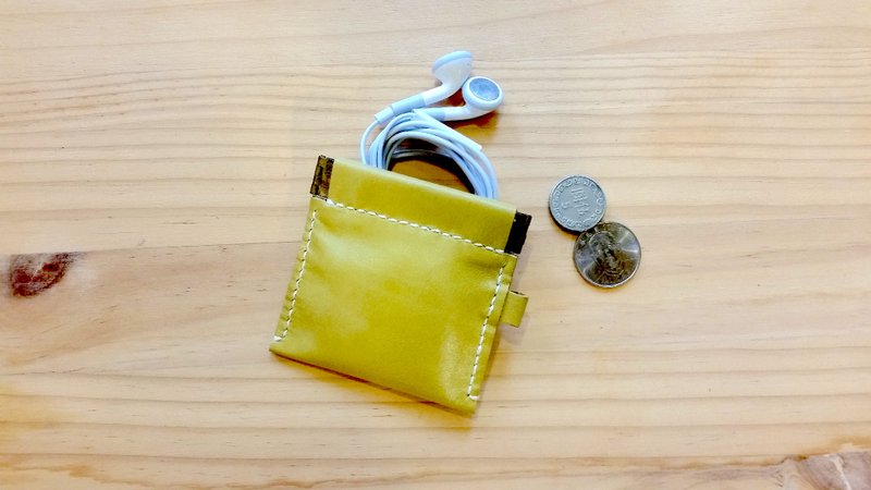 005 手缝芥末黄真皮牛皮压合式方便零钱小包/耳机收纳包 - 耳机 - 真皮 橘色