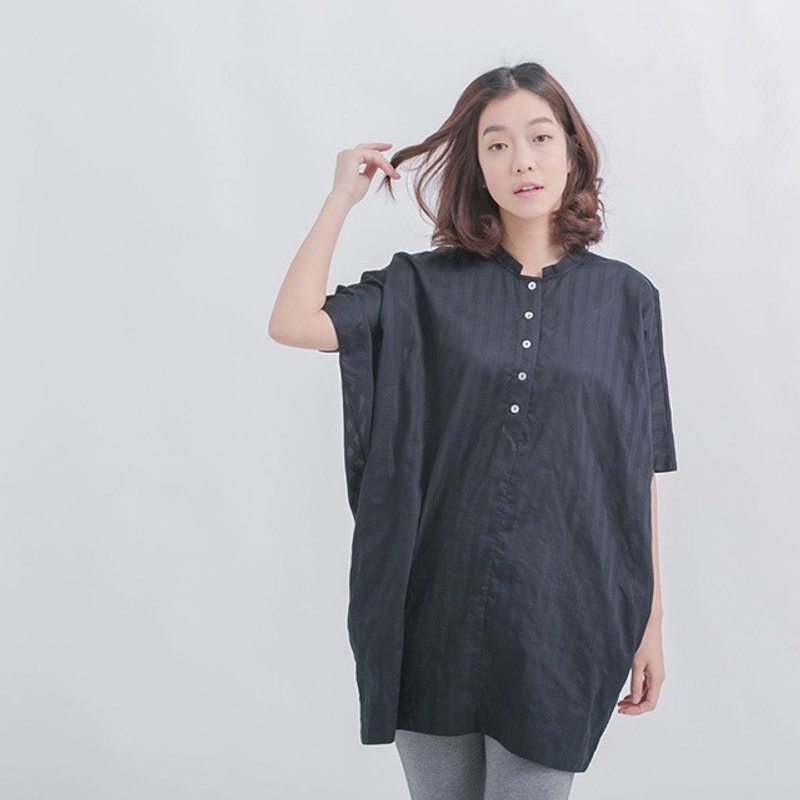 Candice 半襟长板上衣/黑 - 洋装/连衣裙 - 棉．麻 黑色