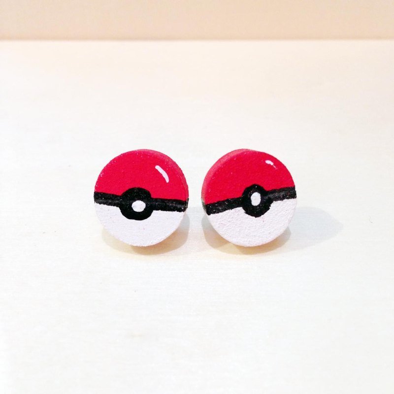 手绘木头耳针-神奇宝贝球(小颗) - 耳环/耳夹 - 木头 红色