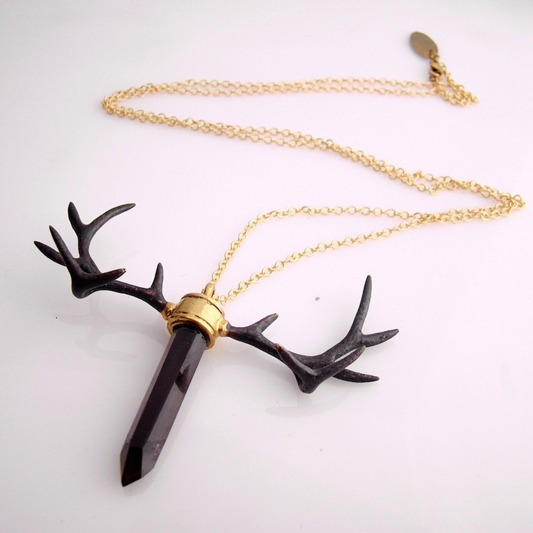 Brass Stag horn pendant with smoky raw quartz stone and oxidized antique color - 项链 - 其他金属 