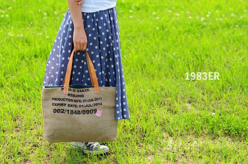 (售出)1983ER-咖啡麻袋与皮革托特包 - 侧背包/斜挎包 - 其他材质 卡其色