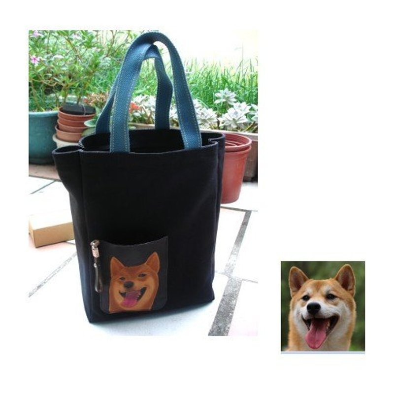 专属宠物柴犬狗儿肖像黑色帆布牛皮肩背包(订做情人、生日送礼) - 侧背包/斜挎包 - 真皮 黑色