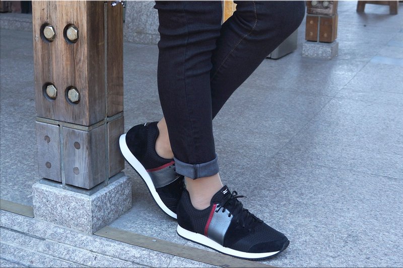 VPEP时尚休闲鞋/V-Classic/黑-珠光碳灰-白-酒红条 - 女款运动鞋/球鞋 - 真皮 黑色