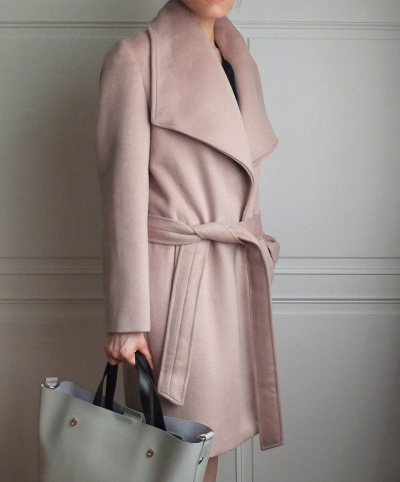 杏色大件式腰带翻领手工羊毛大衣 喀什米尔羊毛/多色 - 女装休闲/机能外套 - 羊毛 