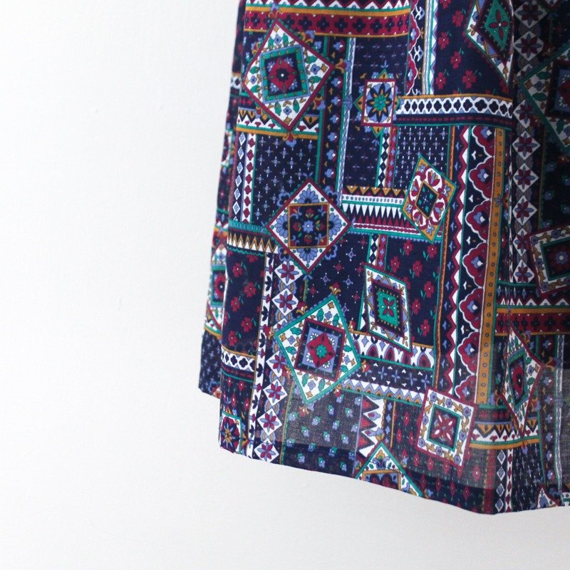 【RE0522D295】日本夏日复古深蓝色系几何宽松短袖古着洋装 - 洋装/连衣裙 - 其他材质 蓝色