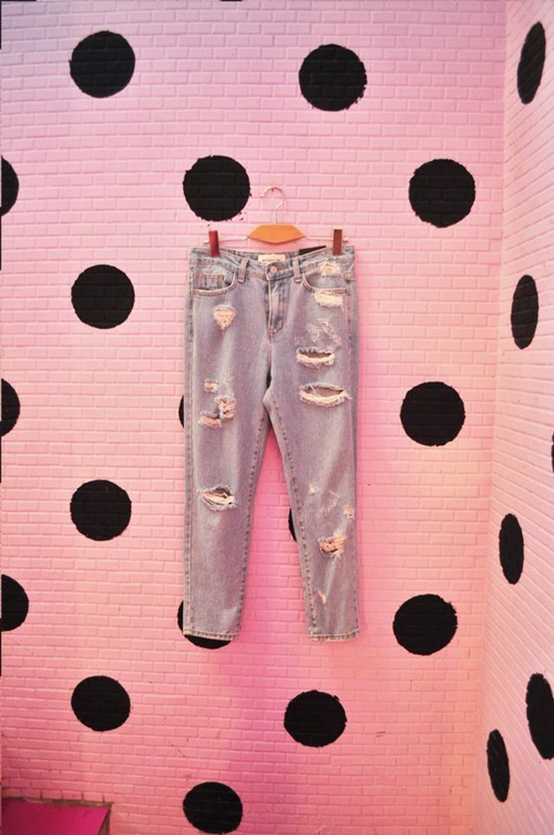 破的刚刚好．率性翻跟斗牛仔裤 - 女装长裤 - 其他材质 蓝色