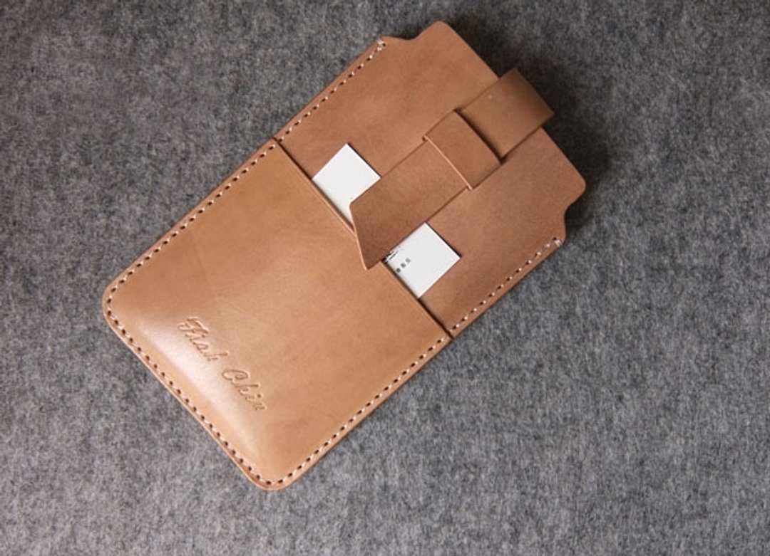 手工皮件设计 真皮手机套 插梢式+卡片袋 原木色+白线 iphone6 plus - 其他 - 其他材质 多色
