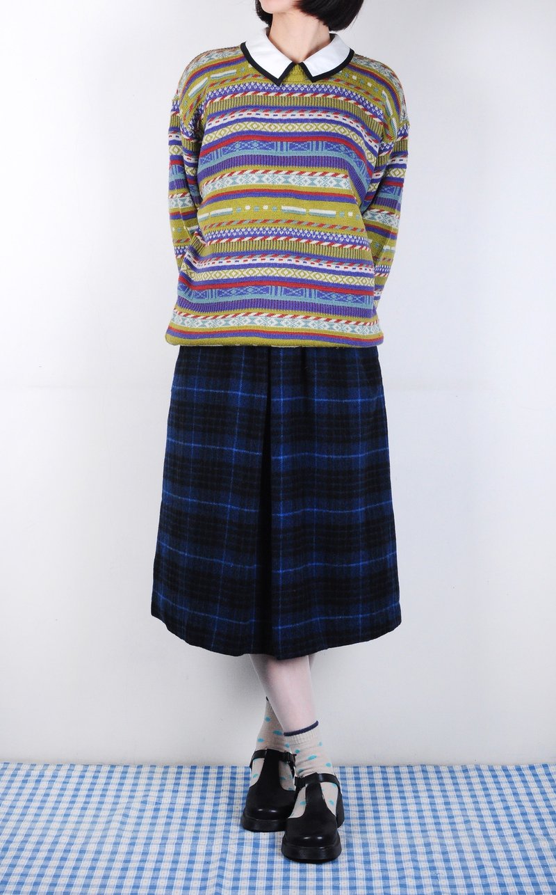 【蛋植物古着】夜空格格脆格子伞状打褶毛料裙 - 裙子 - 其他材质 蓝色