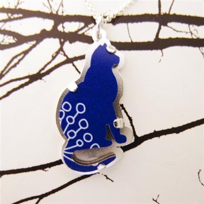 猫剪影925银项炼 - 项链 - 其他金属 蓝色