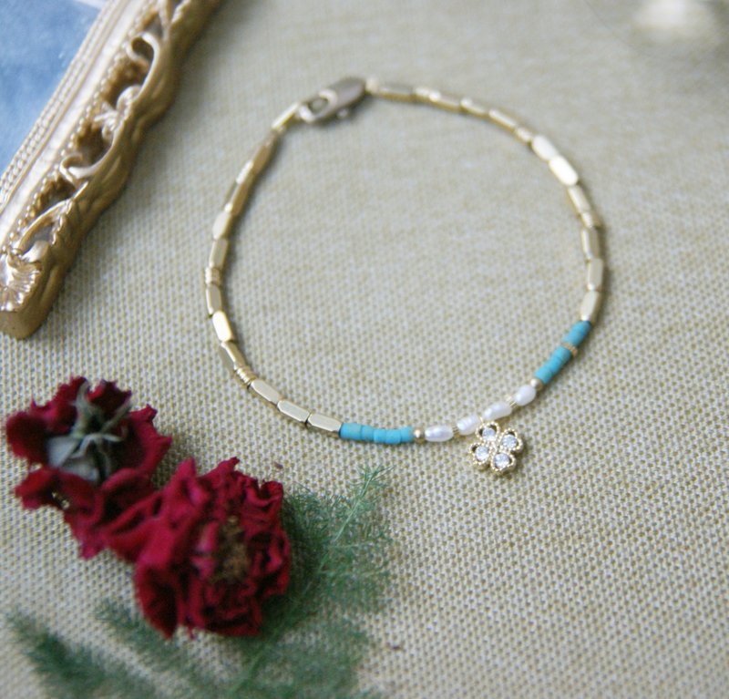 幸运草坠子、淡水珍珠、古董松石 ✄  黄铜 手链 手环 - 手链/手环 - 其他金属 蓝色