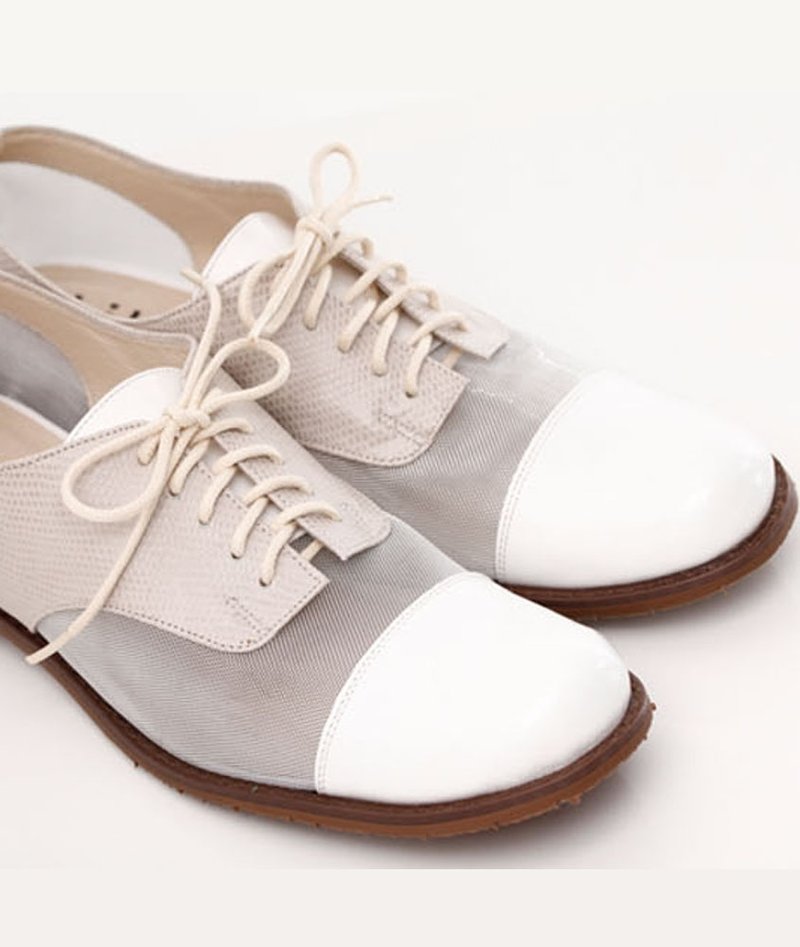 法式典雅全真皮手工细网牛津鞋_蜥蜴杏白/亮漆头 - 女款休闲鞋 - 真皮 白色