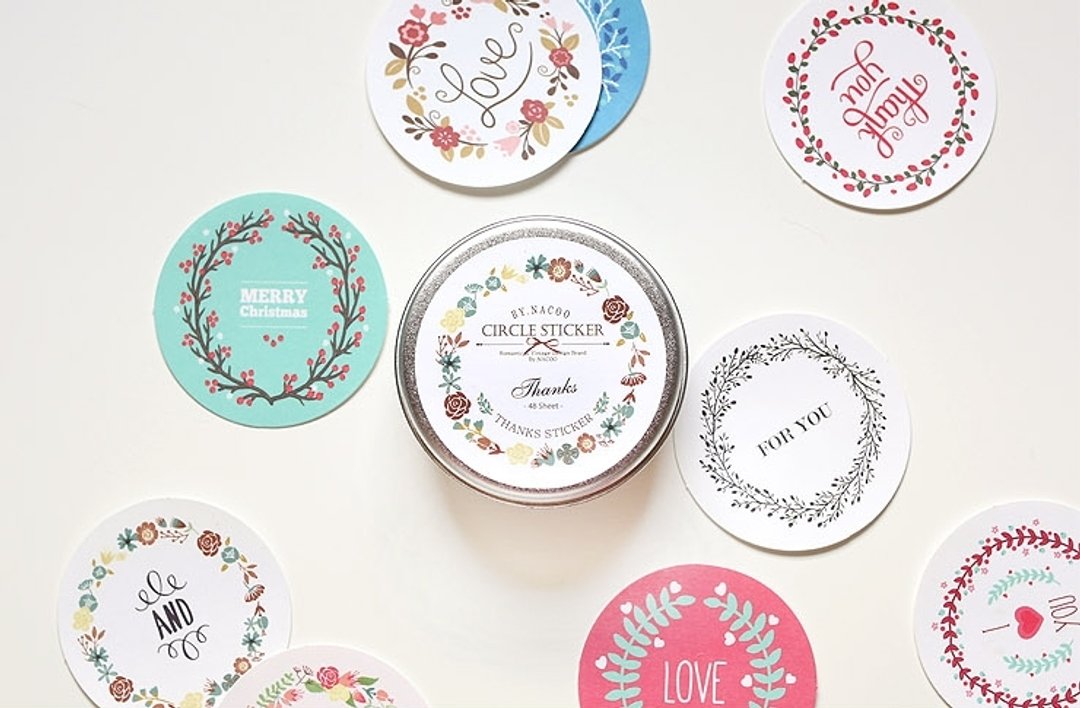 韩国【Nacoo】 Circle Sticker Tin- Thanks祝福 圆形标签贴纸〔预购〕 - 贴纸 - 纸 多色