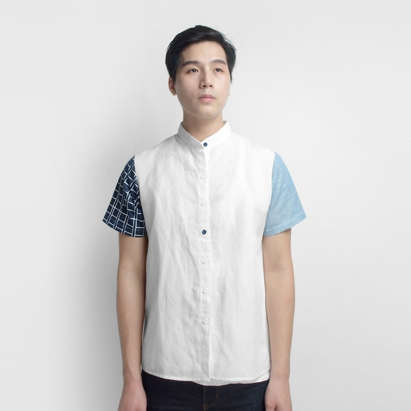 【HEYSUN】绢印学校系列/稿纸写字练习簿撞色拼接衬衫-白 - 男装衬衫 - 其他材质 白色