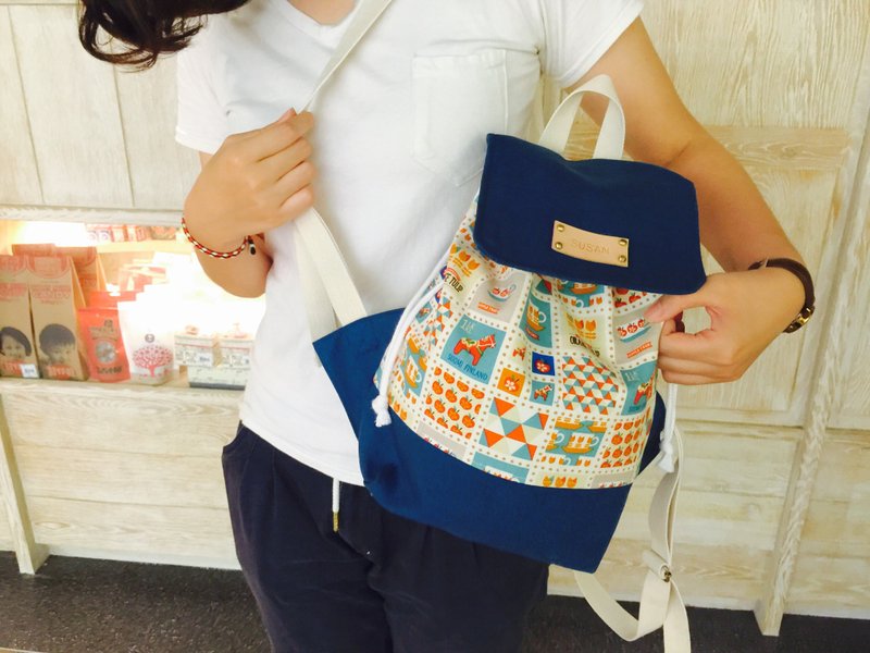 几何马儿苹果儿遇上蓝后背包/赠送免费打印名字皮标 - 后背包/双肩包 - 其他材质 蓝色