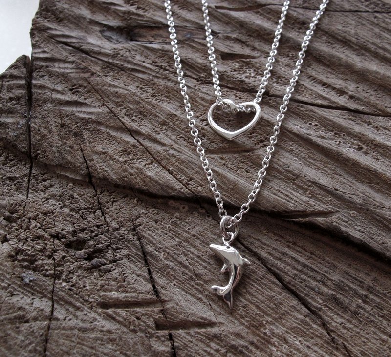 925纯银 双链-海豚爱心银链 - 项链 - 其他金属 白色