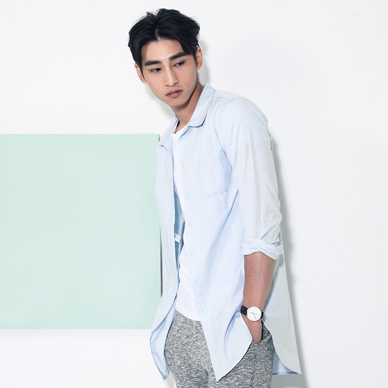 浅蓝色长版口袋衬衫 - 男装衬衫 - 棉．麻 蓝色