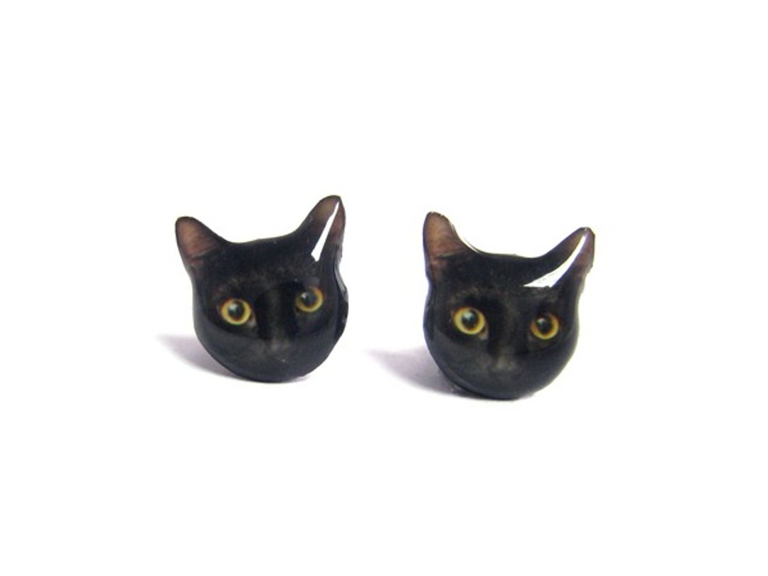 可爱黑色短毛猫耳环 A025ER-C07 - 耳环/耳夹 - 塑料 黑色