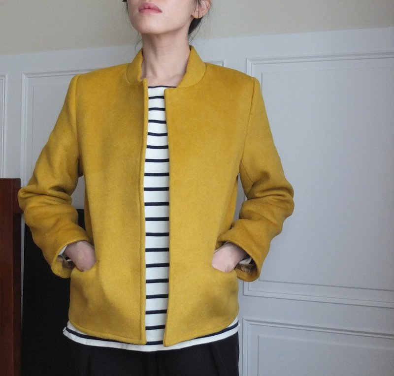 芥末黄双面喀什米尔羊毛棒球外套 - 女装休闲/机能外套 - 羊毛 