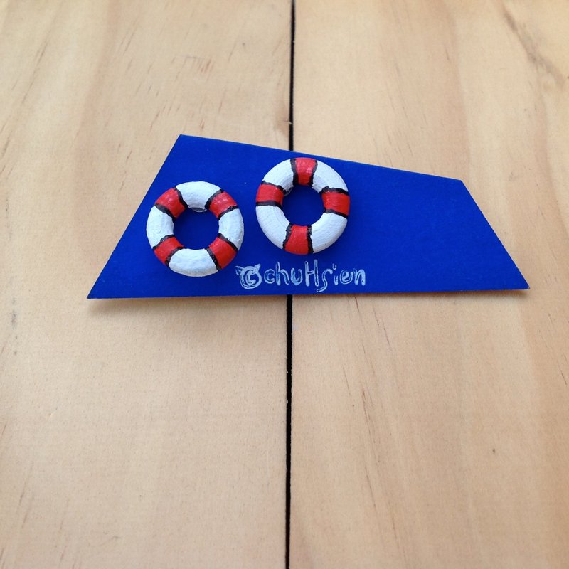 耳环●救生圈【不锈钢耳针】 - 耳环/耳夹 - 木头 红色