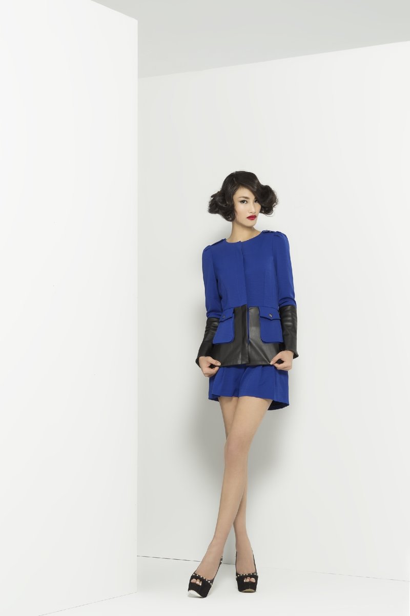 军装式皮革拼接外套 - 女装休闲/机能外套 - 其他材质 蓝色