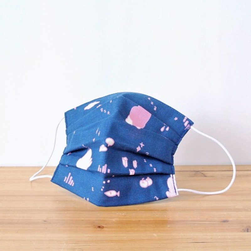 可洗涤、舒适且可爱的手工立体口罩 Drawing Navy 材质很好 日本布 | TEMARIYA - 口罩 - 棉．麻 蓝色