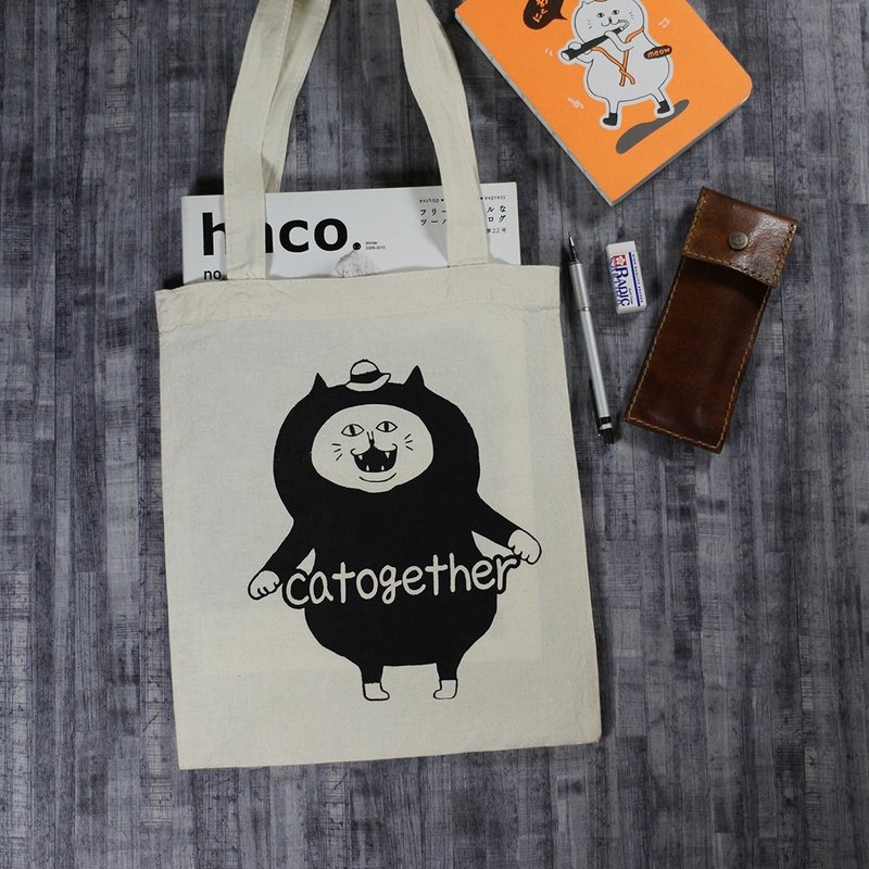 大猫手提袋｜厚款｜紧身猫 - 手提包/手提袋 - 棉．麻 黑色