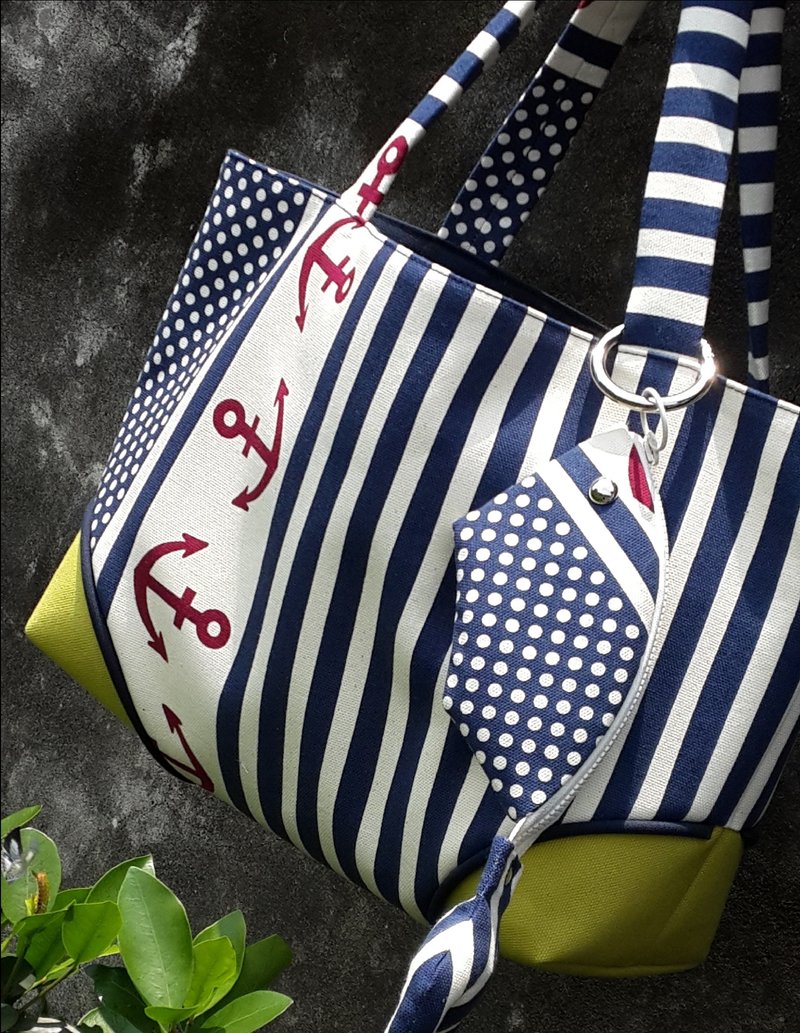 夏日海锚度假风托特包+小鱼仔点点零钱钥匙包 - 侧背包/斜挎包 - 其他材质 多色