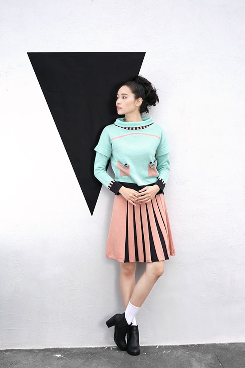 薄荷翻领口袋双层袖上衣 - 毛衣 - 女装针织衫/毛衣 - 棉．麻 绿色