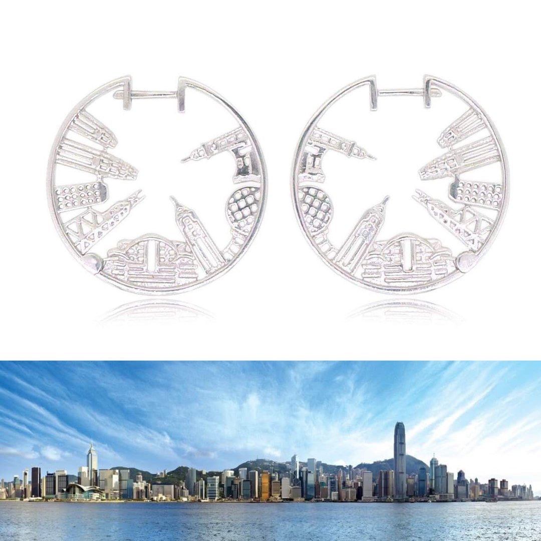 HK063~ 925银香港维多利亚海港风景耳环 (28mm) - 颈链 - 银 银色