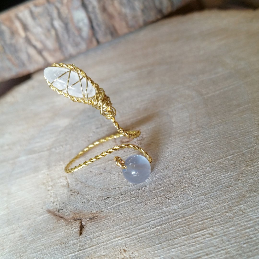 please provide ring size when order gold-plated Silver-plate chain Ring with  moontone and flourite月亮石 , 淡蓝萤石 镀金戒指 - 戒指 - 宝石 蓝色
