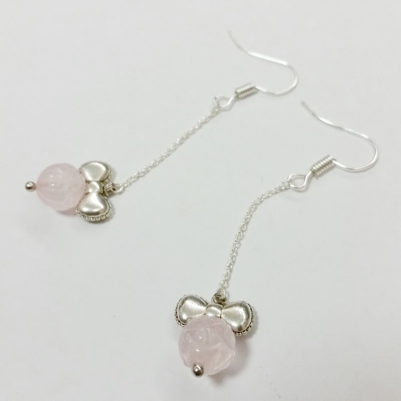 silver-plated earling with pink quartz 雕花粉晶长耳环 - 耳环/耳夹 - 宝石 粉红色