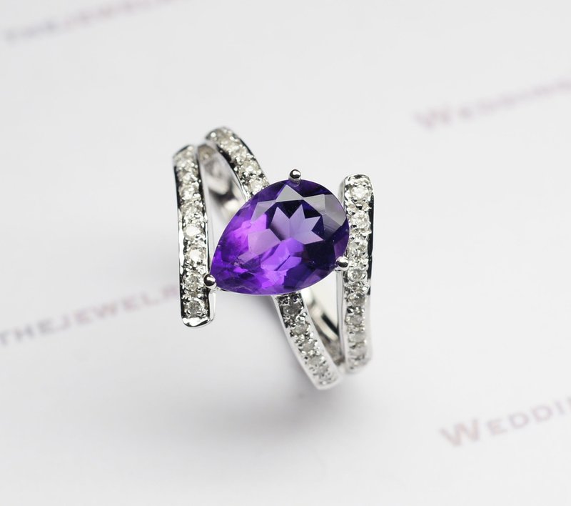 18K白金 / 梨形紫水晶配钻石介指 (包邮) - 戒指 - 宝石 紫色