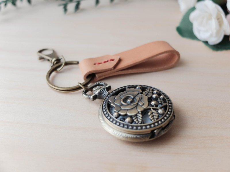 定制化钥匙圈 玫瑰怀表 - 钥匙链/钥匙包 - 真皮 金色