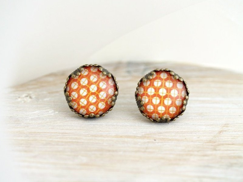 ♥订做小礼物♥ OldNew Lady-古铜色花边耳环-普普格纹点【橘底白点】 - 耳环/耳夹 - 玻璃 橘色