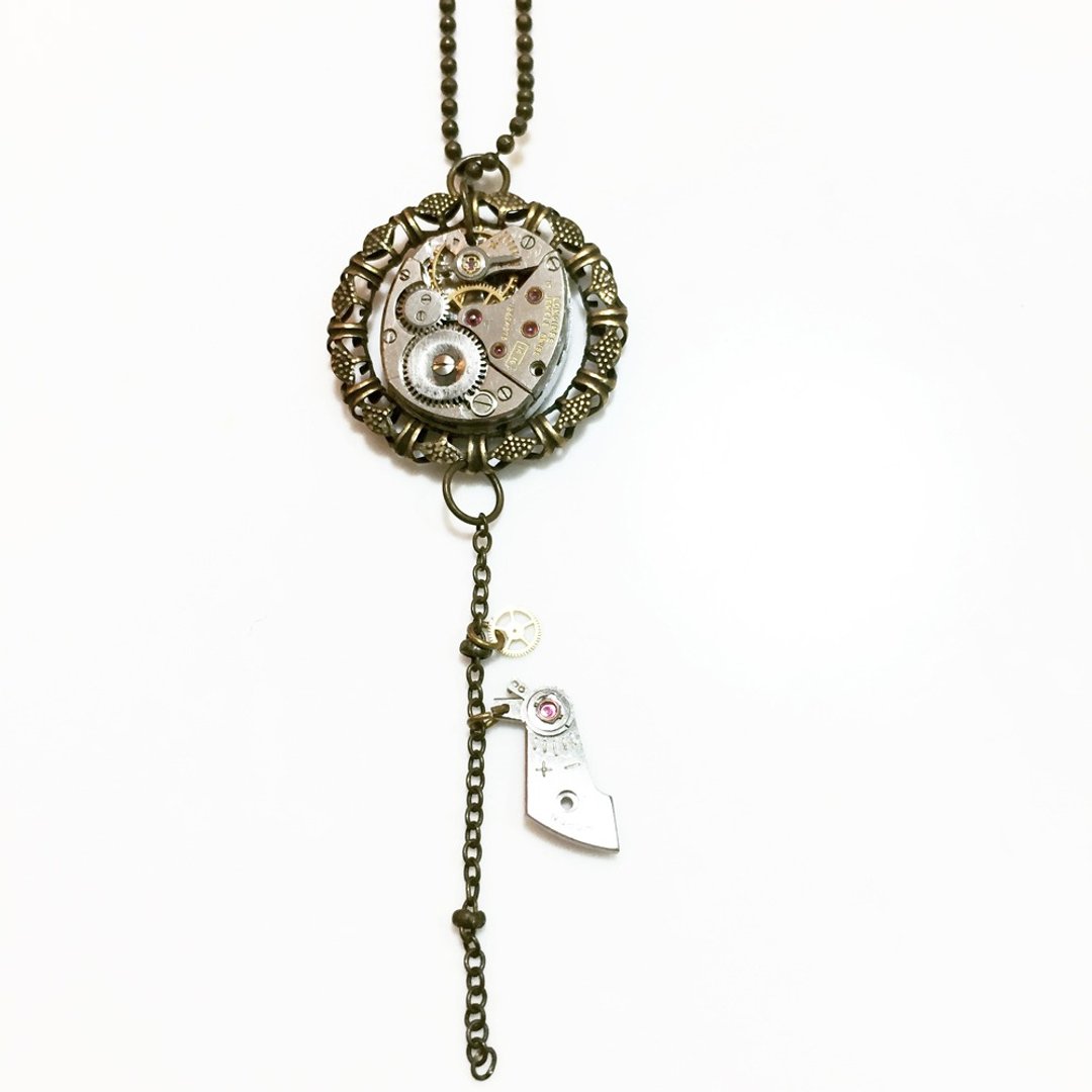 1960 Steampunk蒸汽庞克风格 垂吊式齿轮项链 Elgin - 项链 - 其他金属 灰色