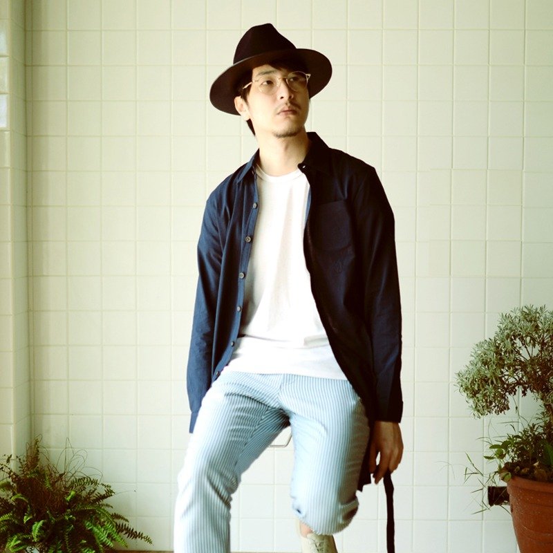 深蓝色长版腰带日本进口棉男装呼吸衬衫 - 男装衬衫 - 其他材质 蓝色