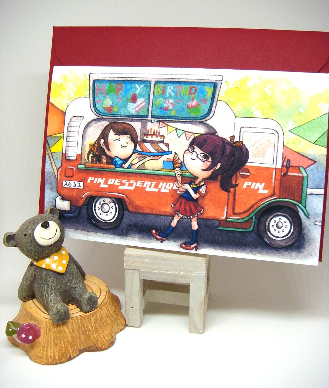 【Pin】冰淇淋餐车│印刷水彩插画│生日卡片│附自选颜色信封 - 卡片/明信片 - 纸 多色