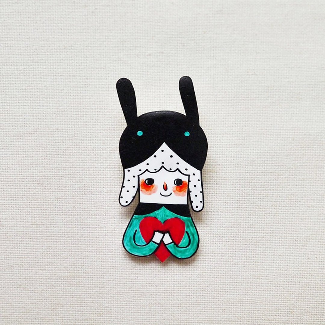 Sherry The Rabbit Girl with Love / 兔子女孩雪莉 / 手工制作热缩片 / 胸针磁铁 - 胸针 - 塑料 绿色